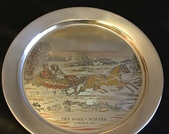 ON SALE Vintage Danbury Mint Sterling Silver 1972 Currier & Ives The Road Winter Christmas Plate