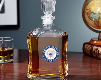 US Navy Crested Whiskey Decanter - Argos Glass Decanter - Great Gift for Navy Personnel - Ideal Military Gifts for Retirement or Birthday
