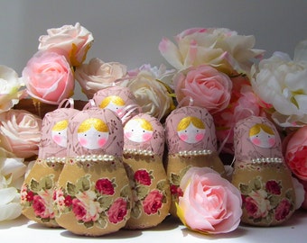 Babushka doll, matryoshka ornament, 5 dolls set Dusty pink and roses with pearls. Vintage inspired theme. Nice gift for anybody. Home decor