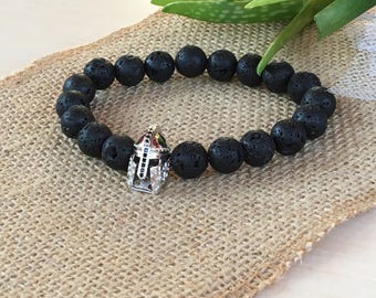 Bracelet Star Wars,Casque de Guerrier,Bijoux Homme Noir,Bracelet Super Heros,Pierre de Lave 10mm,Homme Fort Spariate,Bracelet Protection