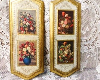 Florentia Gold Leaf Wood Picture-Empire Art- Gold Gilt-Made in Italy-Tole Florentine Art Pictures- Pair of Vintage Floral Pictures-Plaques