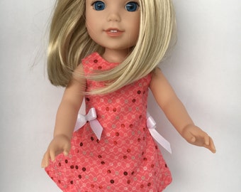 14.5 inch doll dress, Shrimp dotted bow dress made to fit 14.5 inch dolls such as Wellie Wishers and similar dolls