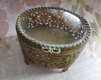 Vintage Ornate Gold Plated Filigree Ormolu Footed Jewelry Casket with Beveled Glass Hinged Lid Lined with Velvet, Vanity Trinket Box