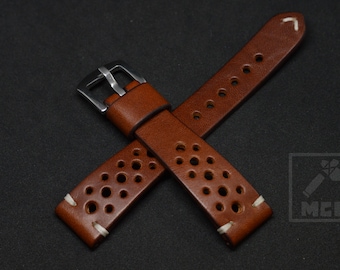 Leather watchstrap Thick Rally Racing Tan Custom Brown wrist watch band 18mm 19mm 20mm 21mm 22mm 23mm 24mm tapered sport style durable MCL