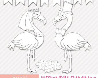 Flamingo wedding digital stamp, bridal couple digi stamp, scrapbooking, card design, stamping, coloring outline PNG clipart (ST031)