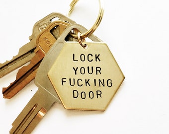 Lock Your Fu*king Door Handstamped Hexagon Keychain // Feminist Keychain + Murderino + MFM + My Favorite Murder + SSDGM + Stay Sexy Murder