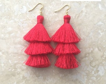 Zara Red Tassel Earrings, Long Tassle Earrings, Long Red Tassel Earrings,Red Earrings,Dangle Earrings, Red Silk Tassels, Friend Gift