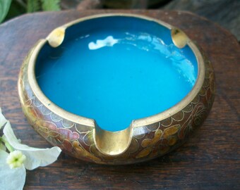 1960s Vintage Chinese Cloisonne Ashtray Lotus Flower Design