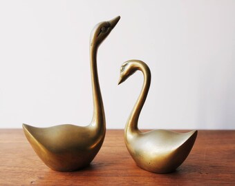 Brass Swans Animal Figurines Vintage Mid Century Set of 2