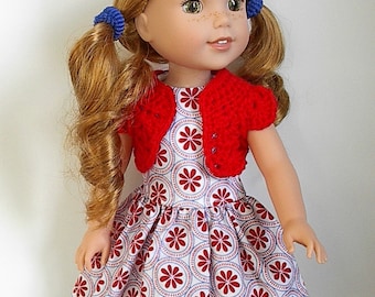 14.5" Doll Clothes Sleeveless Cotton Dress and Crocheted Bolero Shrug Handmade to fit Wellie Wishers Dolls - White with Red and Blue Flowers