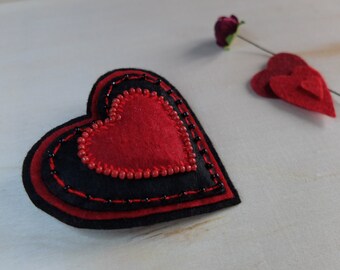 Valentine heart, Embroidery Initials, Red Black heart, Felt brooch,Beads Embroidered Heart, Goth Jewelry,Gift for fiance,Valentines day gift