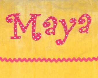 Personalized Large Sunshine Yellow Velour Beach Towel with Rick Rack or Ribbon, Bridal Party Gift, College Towel, Personalized Bath Towel