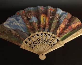 Vintage Decorated Hand Fan Blue & Gold