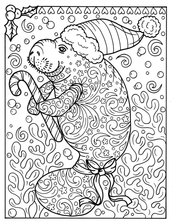 Download Manatee Christmas Coloring page Instant Download Adult