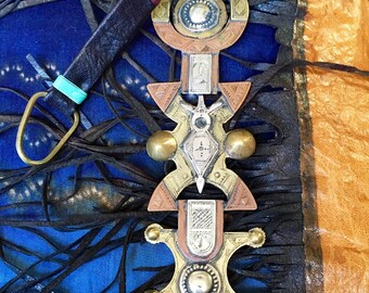 Tuareg Copper/Silver Veilweight with Cross & Painted Leather Strap, Tifinagh signs at the back.