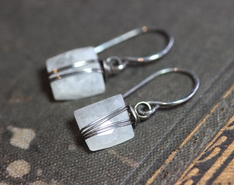 Moonstone Earrings Silver Wire Wrapped White Gemstone Earrings Sterling Silver