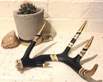 Painted Deer Antler Shed Chevron Black and Gold Boho Home Decor Accent