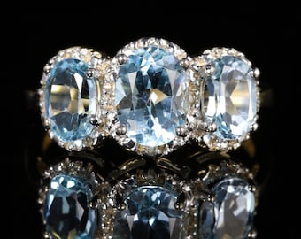 Blue Topaz Diamond Trilogy Gold Ring 3.20ct