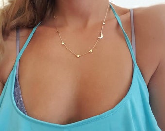 Mother Initial Necklace, Moon Necklace, Gold Crescent Moon Necklace, Star Necklace, Gold Moon And Star Necklace, Moon Crescent, Gift For Her