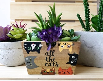 All the Cats, Gift for Gardener, Cat Lover Gift, Custom Cat Gift, Cute Succulent Planter, Decorative Bin, Rustic Planter Box, Garden Box