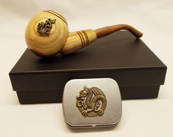 Dragon Tobacco Pipe & Tin - Personalize Gift - Artisan Original Double-Sided Wood Pipe Design + Tin, Holiday Sale, Free US Shipping