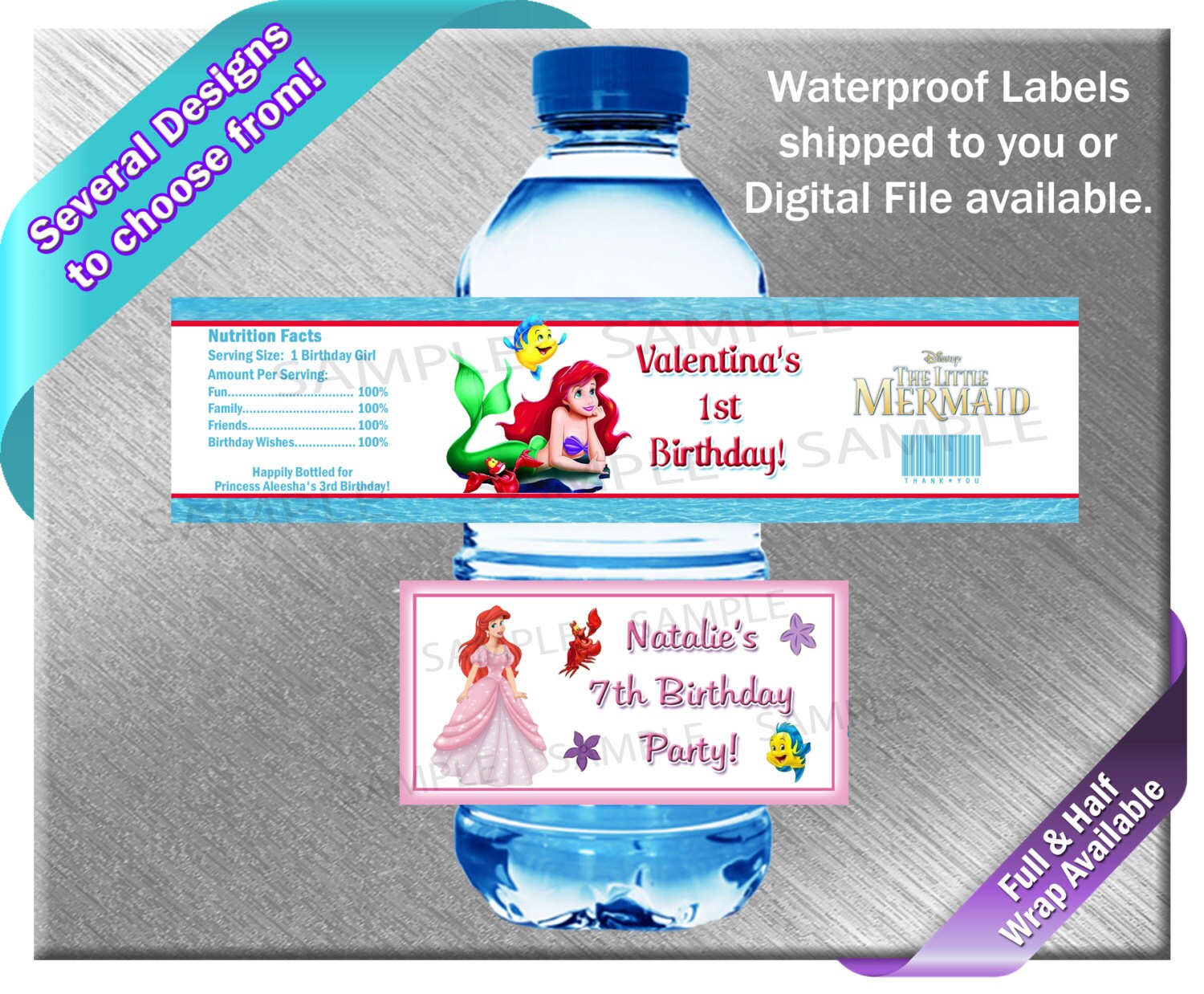 Ariel The Little Mermaid Water Bottle Labels PRINTED OR FILE