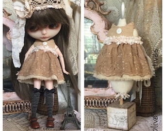 Blythe doll dress and hat vintage style handmade Blythe tattered dress and hat handmade by Olive Grove Primitives