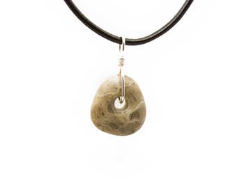 Petoskey Stone Necklace Matte Petoskey Stone Jewelry Pendant Michigan Coral Fossil Beach Stone Leather Silver Gift for Women Her ET219