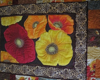 Quilted Bed Runner with Hand Painted Red Orange Yellow Poppies Wall Hanging Quiltsy Handmade