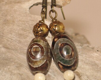 Brass & Chinese Dzi Bead Earrings