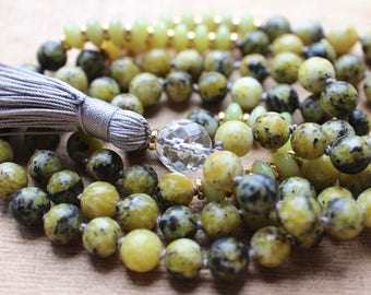Yellow Turquoise Mala Beads 108, Jasper Mala Necklace, Japa Mala, Yoga Necklace, Prayer Beads, Tassel Necklace, Yoga Jewelry