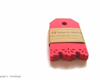 25 Red Lace Tags, Vintage Lace Red Tags, Red gift tags, Red gift tags, Valentine gift tags , Holiday gift tags