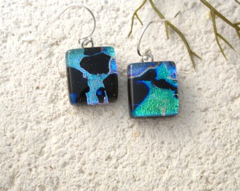 OOAK Black Blue Dangle Earrings, Dichroic Earrings, Fused Glass Jewelry, Handmade Dichroic Jewelry, Sterling Earrings, 030418e100
