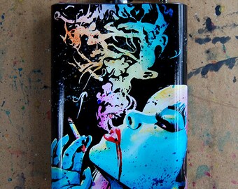 Stainless Steel 8 oz. Hip Flask - Pop Art Horror Splatter Portrait - Dismantle Me - Edgy Punk Rock Girl Smoking - Rainbow Lowbrow Art