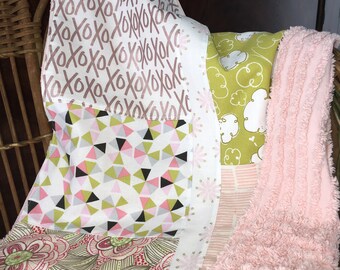 baby girl pink vintage chenille lovey blanket / patchwork / xoxo cloud floral / pink chartreuse white rose gold