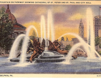 Vintage Linen Postcard..Pennsylvania, Philadelphia, Fountain on Pkwy Showing Cathedral St. Peter and St. Paul...Unused...no PA0048