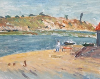 Vintage oil painting landscape river