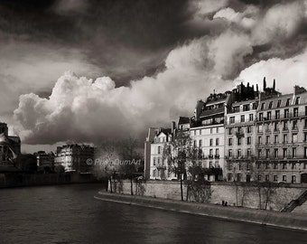 Saint-Louis island, old Paris, France, Notre-Dame and the City island, Seine quaysides, old parisian buildings, black & white photography