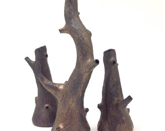Porcelain faux carved bronze tree vase, faux bois, metallic