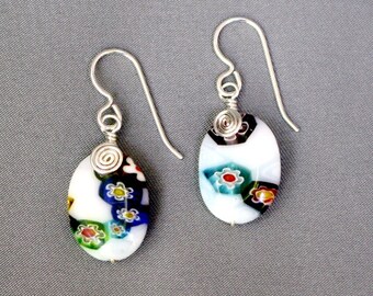 Wire Wrapped Millefiore Glass Earrings