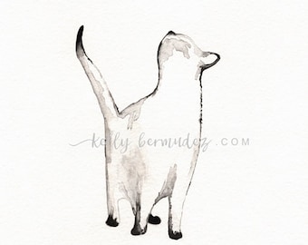Wall Art, Cat painting, Cat Watercolor, I look to You, siamese cat, Cat art, Minimal black and white