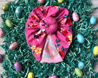 Pink Floral Top knot Turban