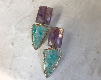 Goldfilled 14 k, amethyst and blue peruvian opal. 3 cm