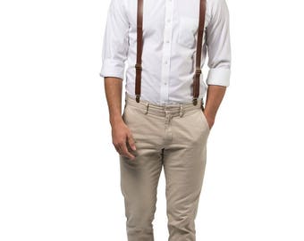 Brown Leather Suspenders & Blush Bow Tie with Blush Pocket Square for Baby Toddler Boy Men