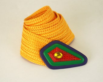 1980s belt wide stretch cinch belt yellow woven avant garde buckle leather buckle with jewel I.B. Diffusion Belts