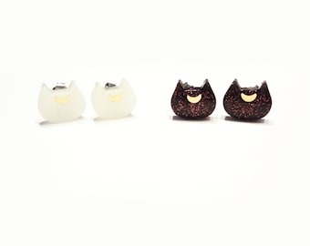 cat earrings, sailormoon inspired artemis and luna glitter studs, stainless steel posts OR clip ons