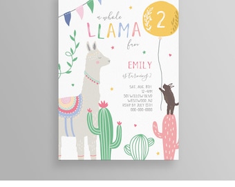 Llama Birthday Invitation, Llama Fun, Cactus, Fiesta Birthday Party, INSTANT DOWNLOAD, Editable Template, Printable Invite, Templett #064GBD