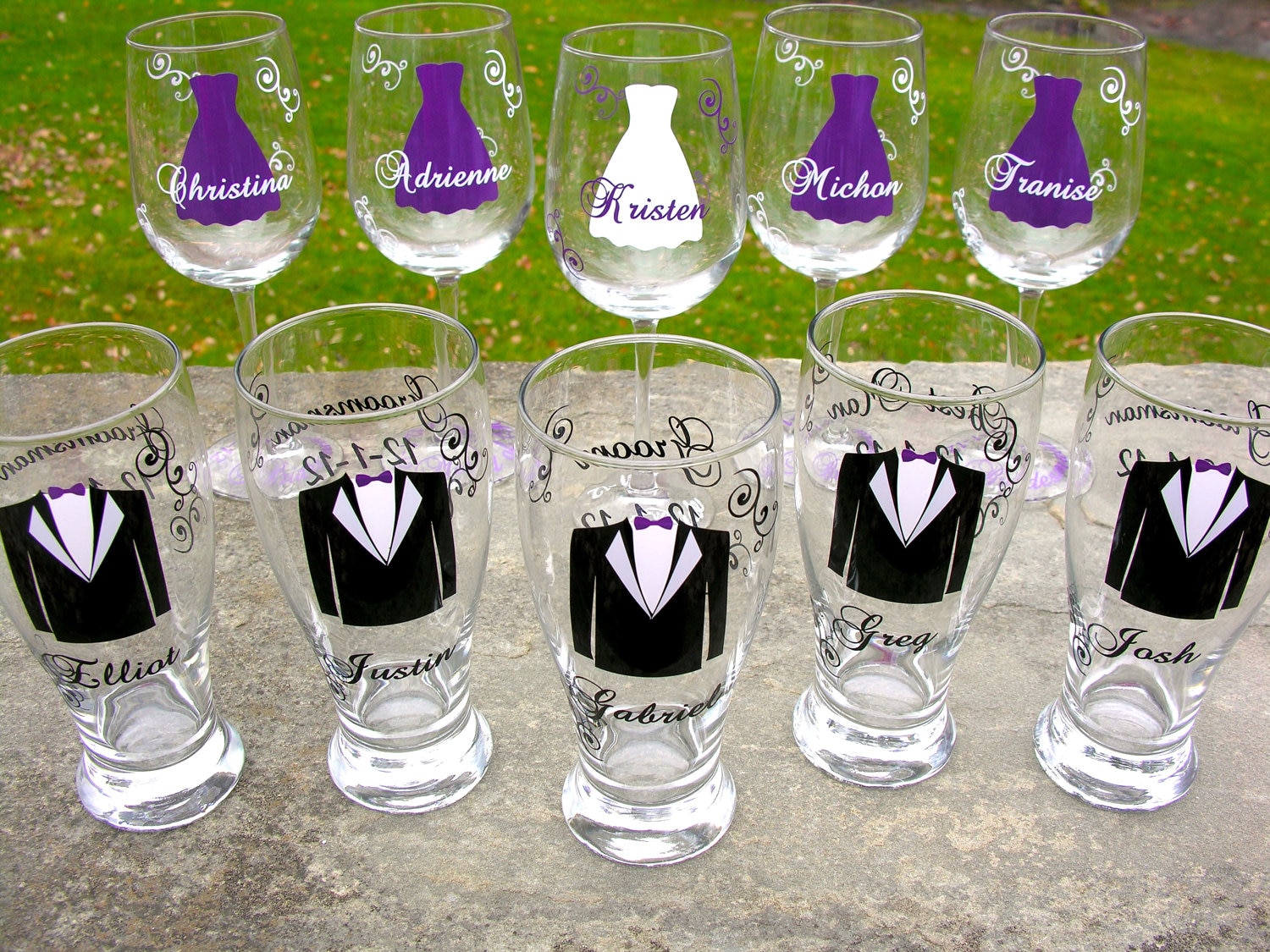 Wedding party glasses wine glasses and beer pilsner glasses. Wedding party glasses wine glasses and beer pilsner glasses.