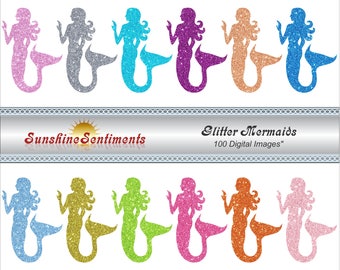 Mermaid Clipart Image, 100 Glitter Colours, PNG Digital Download