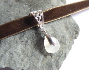Sea Glass Choker, Brown Velvet, Seaglass Necklace, Sea Glass Jewelry, Seaglass Choker, Seaglass Jewellery, Sea Glass Pendant - KD17051